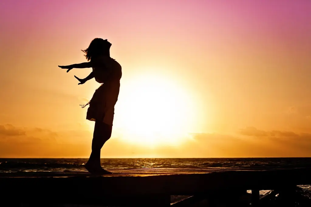 Dankbarkeitstagebuch: Glückliche Frau Silhouette vor Sonnenuntergang